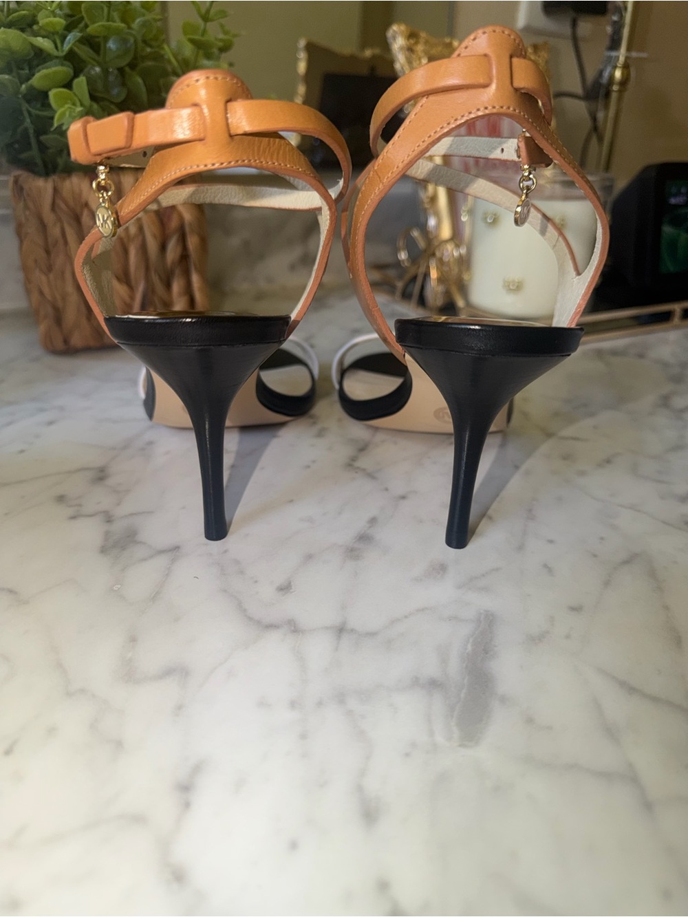 MICHAEL Michael Kors Black, White & Tan Strappy Stiletto Sandals - Picture 5 of 6
